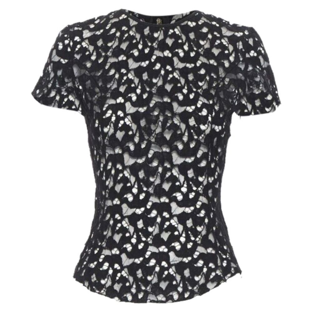 Nina Ricci black sheer lace cap sleeve zip back tshirt top